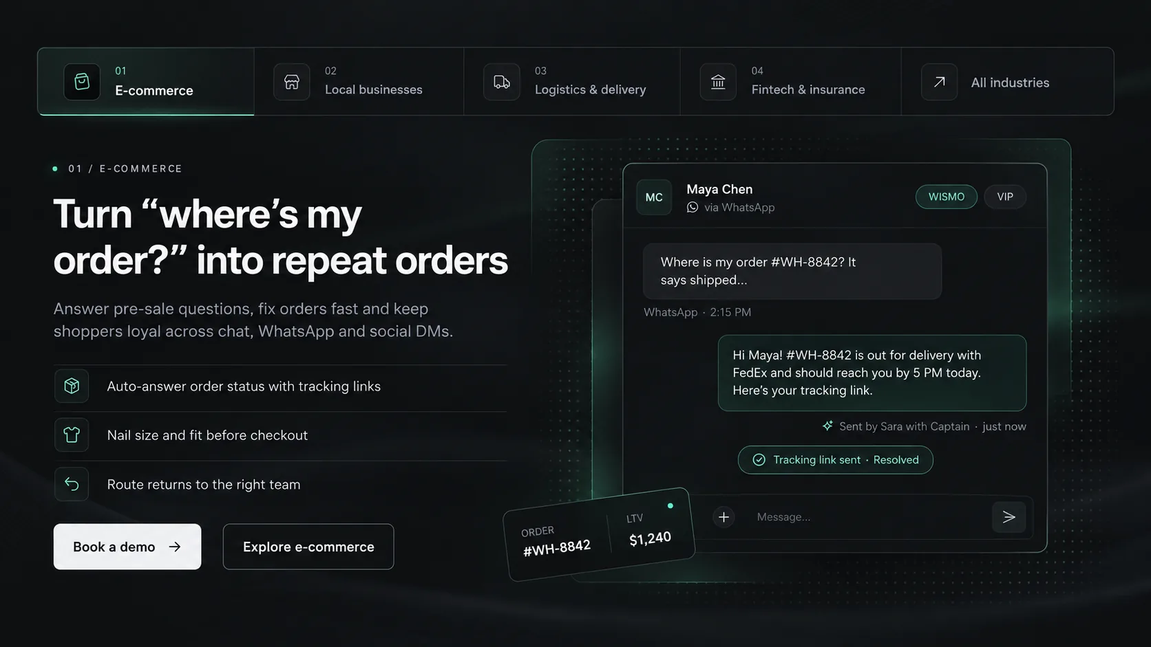Industry solutions — e-commerce example: answering "where is my order?" on WhatsApp with a tracking link.